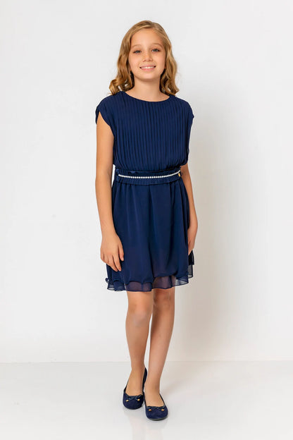 InCity Kids Girls Round Neck Belted Pleated Fashion Dress InCity Boys & Girls