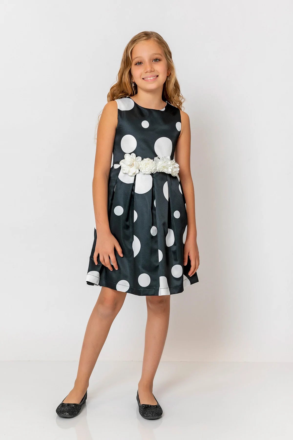 InCity Kids Girls Polka Dot Sleeveless Pleated Floral Belt Fashion Dress InCity Boys & Girls