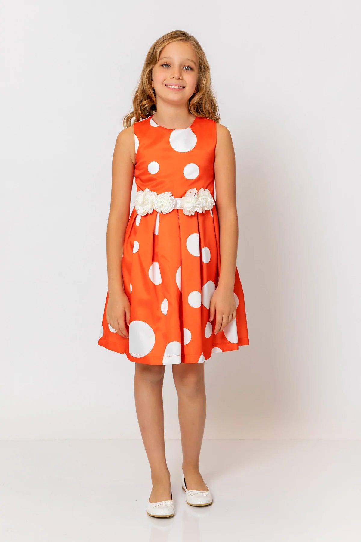 InCity Kids Girls Polka Dot Sleeveless Pleated Floral Belt Fashion Dress InCity Boys & Girls