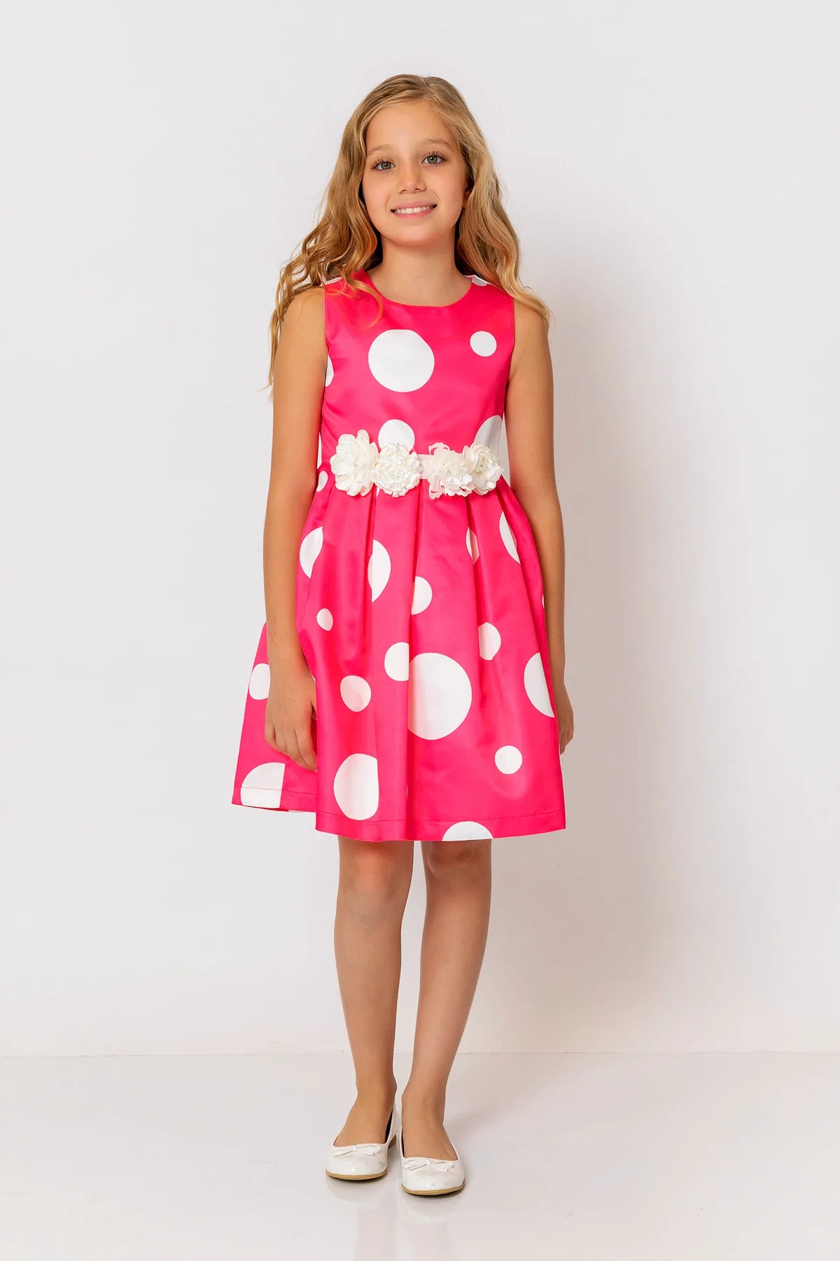 InCity Kids Girls Polka Dot Sleeveless Pleated Floral Belt Fashion Dress InCity Boys & Girls