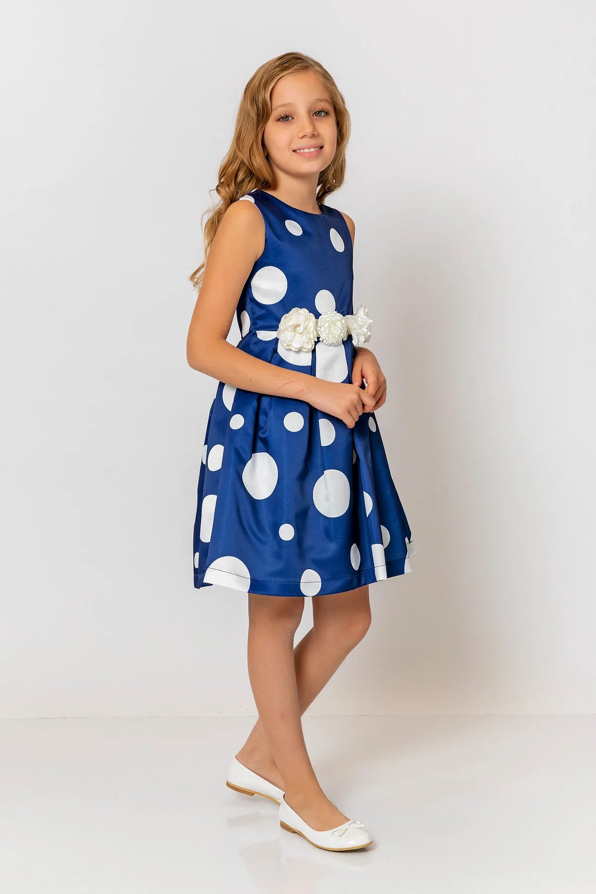 InCity Kids Girls Polka Dot Sleeveless Pleated Floral Belt Fashion Dress InCity Boys & Girls