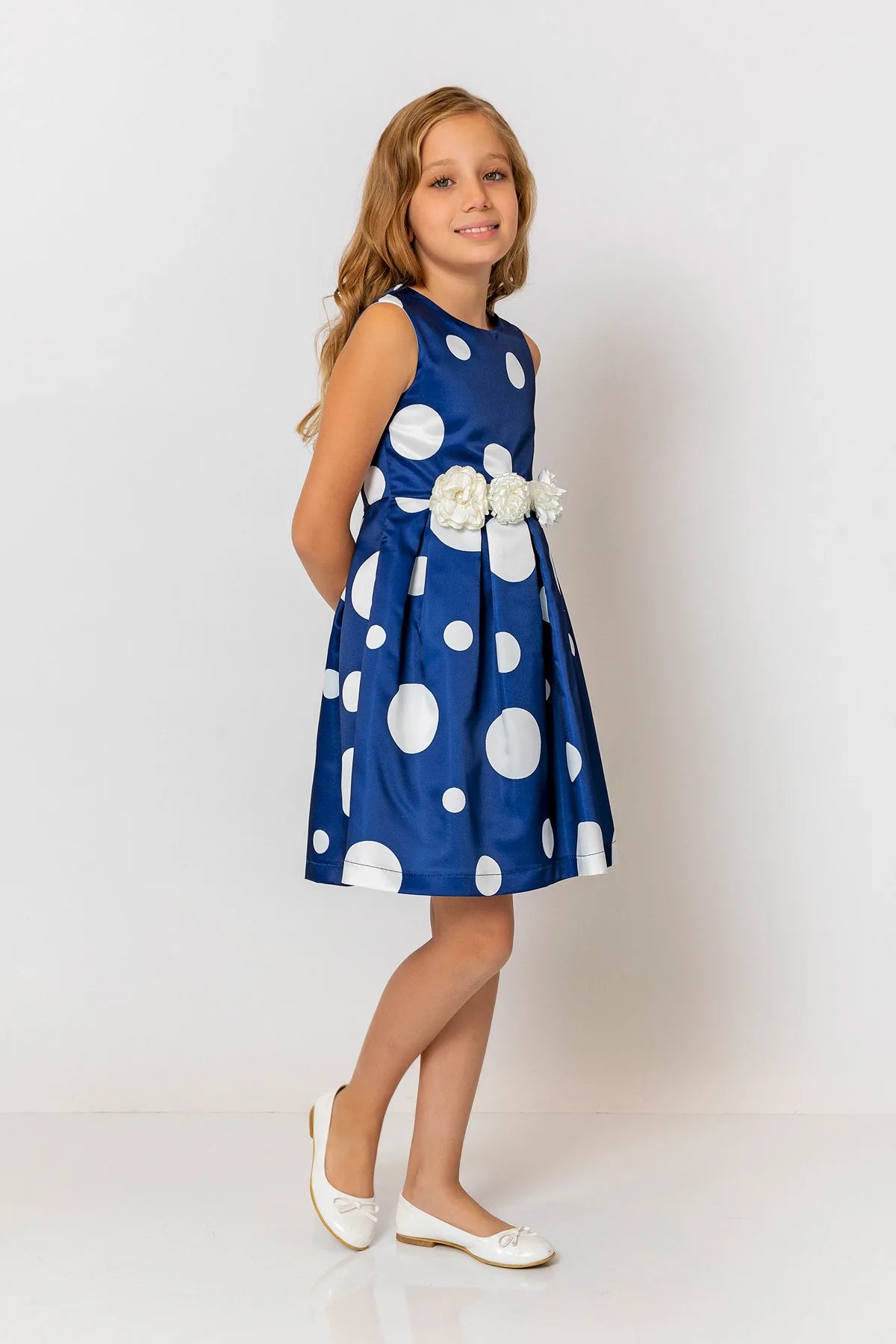 InCity Kids Girls Polka Dot Sleeveless Pleated Floral Belt Fashion Dress InCity Boys & Girls