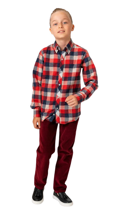 InCity Boys Tween 7-14 Years Navy/Red Collared Long Sleeve Button-Down Fashion Flannel Dress Shirt InCity Boys & Girls