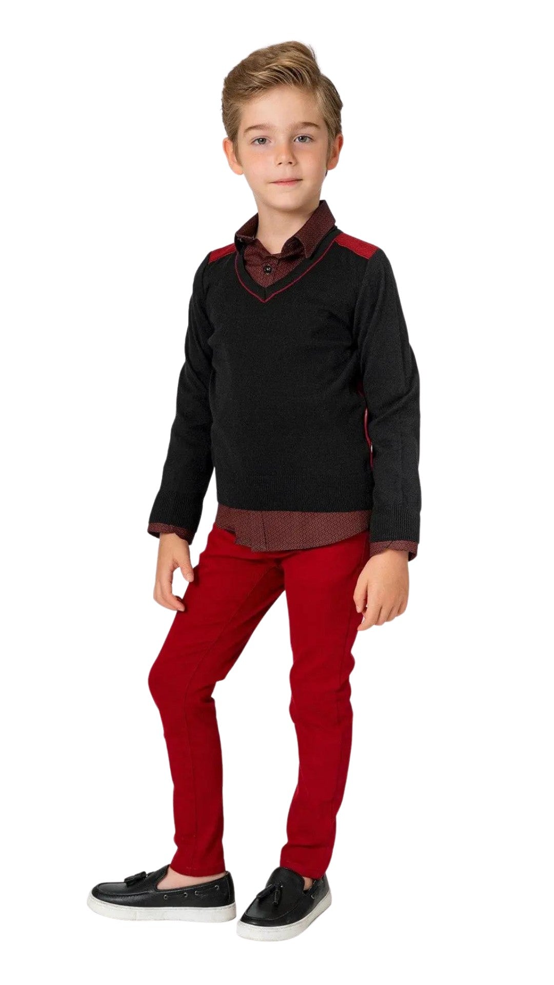 InCity Boys Tween 7-14 Years Regular Fit Navy Red Casual Long Sleeve V-Neck Cotton Stanmore Sweater InCity Boys & Girls