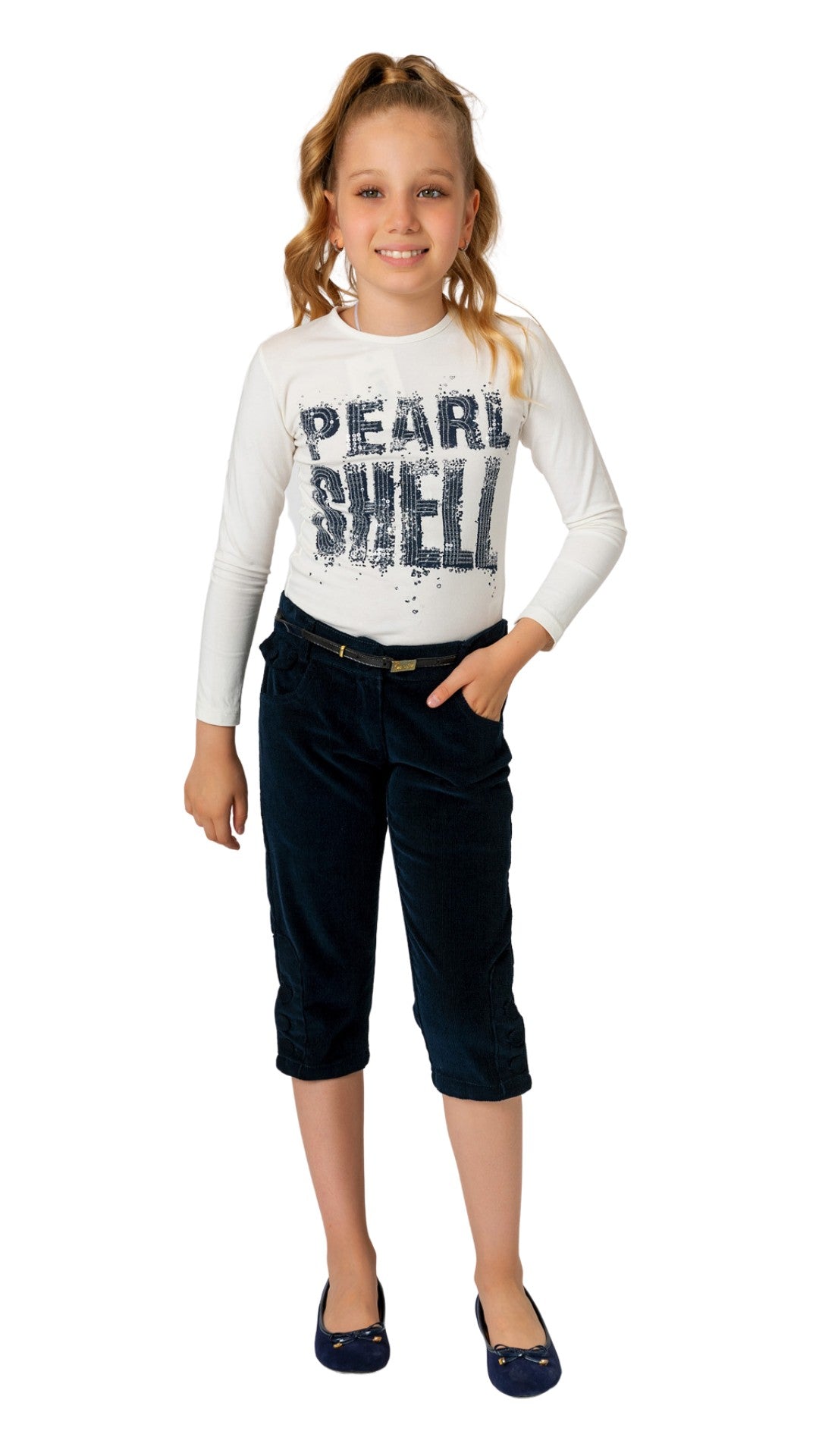 InCity Girls Tween 7-14 Regular Fit Navy Crew Neck Casual Long Sleeve Comfy Pearl T-shirt InCity Boys & Girls