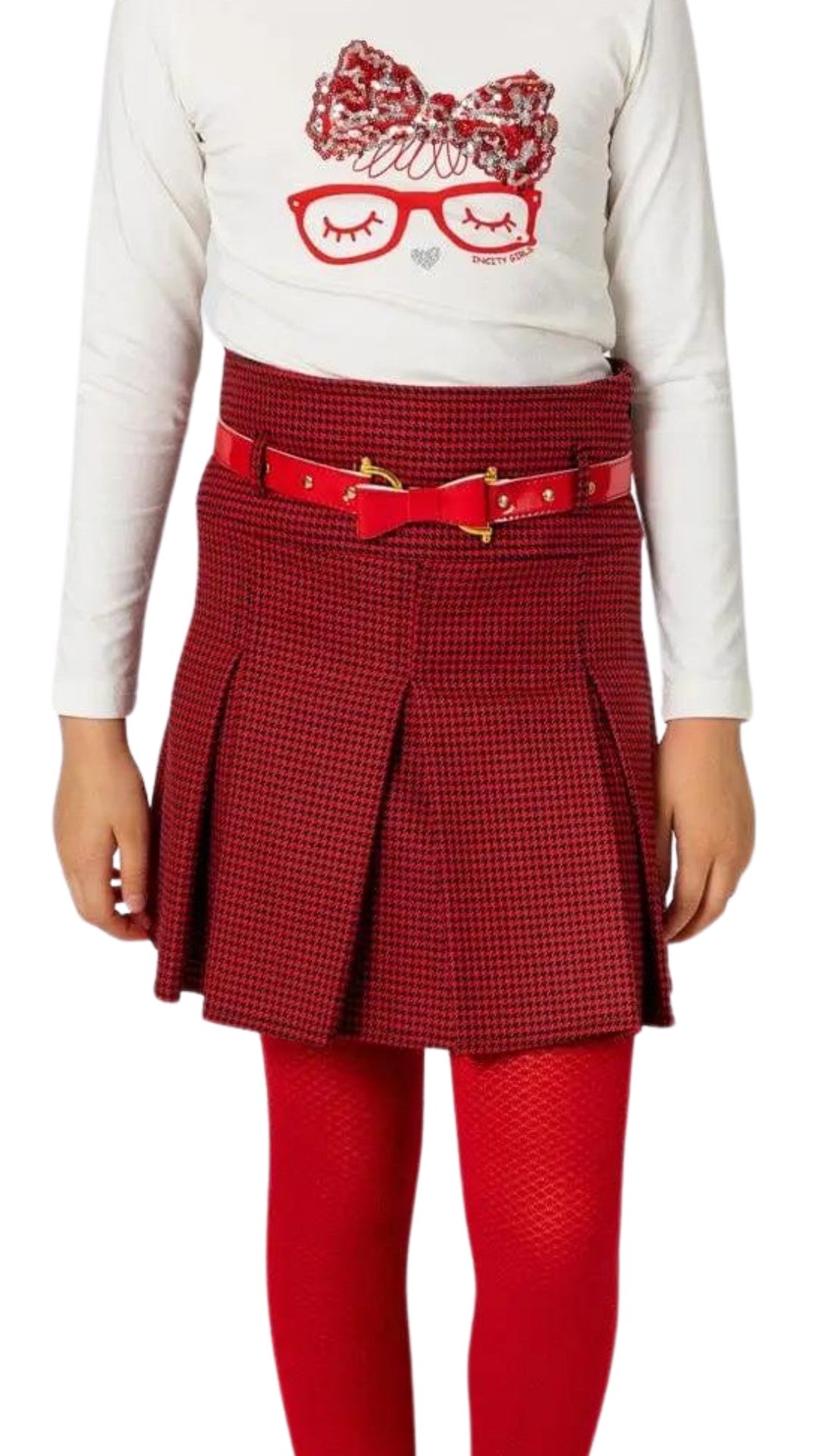 InCity Girls Tween 7-14 Years Black Burgundy Red Belted Pleated Up-Knee Steyle Fashion Skirt InCity Boys & Girls