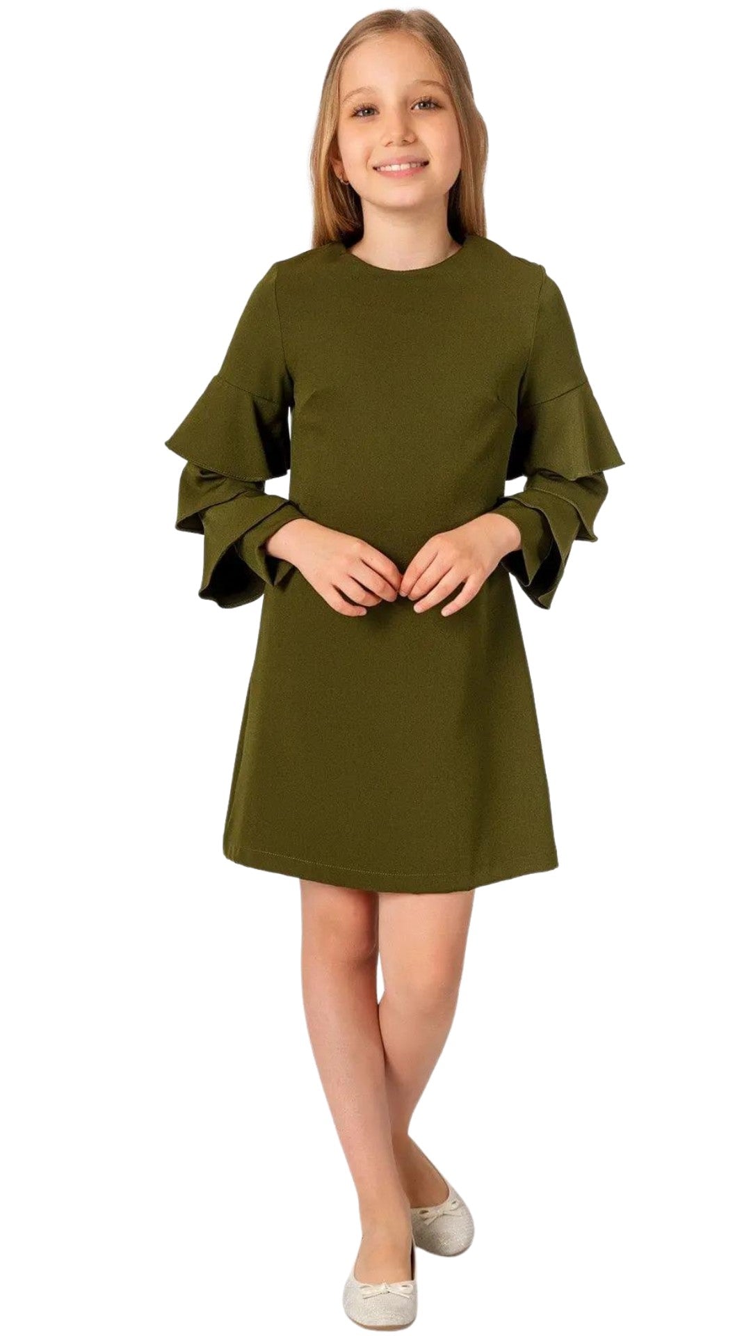 InCity Girls Tween 7-14 Years Green Layered Round Neck Long Layered Sleeve Fashion Savile Dress InCity Boys & Girls