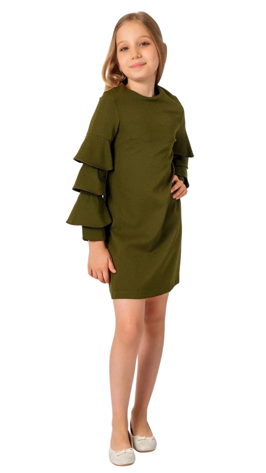 InCity Girls Tween 7-14 Years Green Layered Round Neck Long Layered Sleeve Fashion Savile Dress InCity Boys & Girls