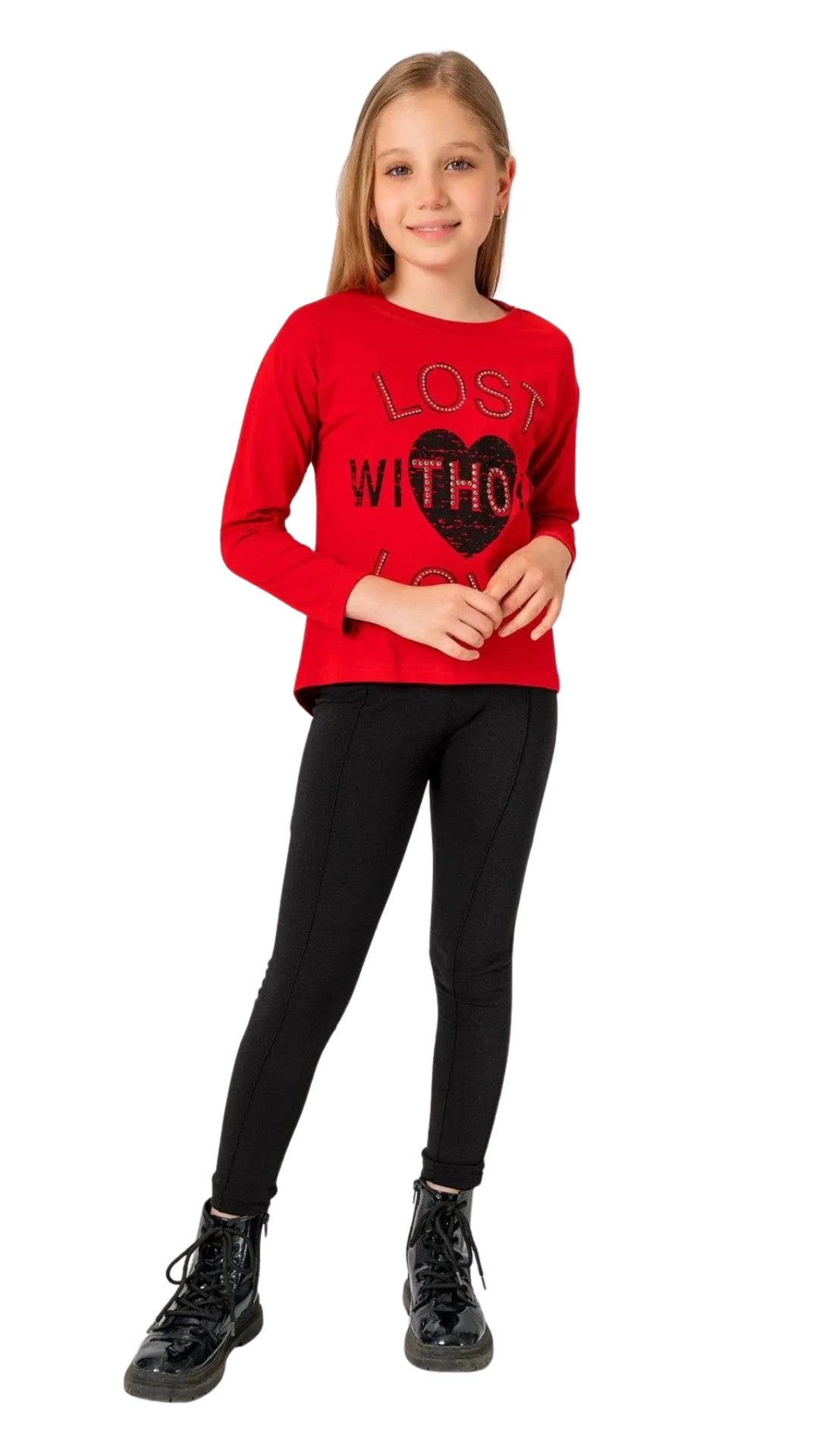 InCity Girls Tween 7-14 Years Regular Fit Red Casual Long Sleeve Comfy Lost T-shirt InCity Boys & Girls