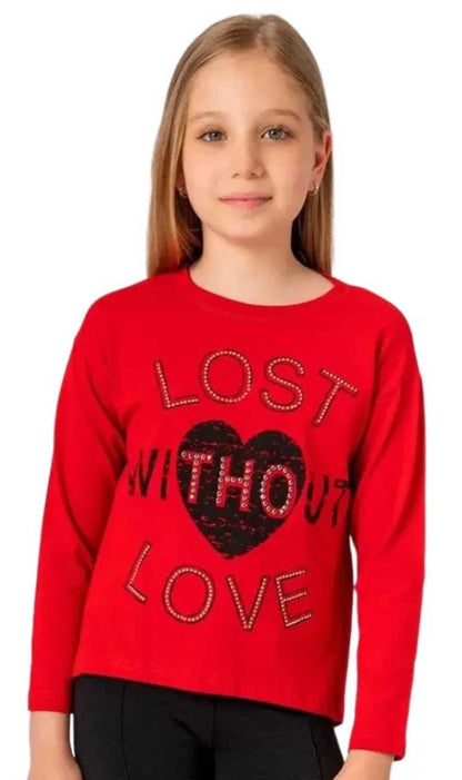 InCity Girls Tween 7-14 Years Regular Fit Red Casual Long Sleeve Comfy Lost T-shirt InCity Boys & Girls