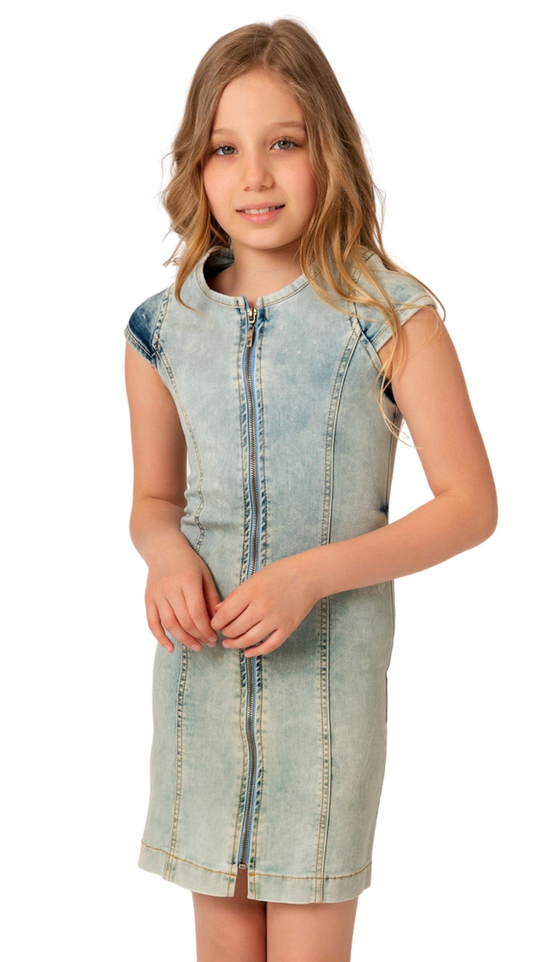 InCity Girls Tween 7-14 Years Short Sleeve Round Neck Full Zipper Fashion Jean Dress InCity Boys Girls