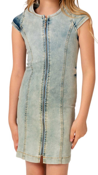 InCity Girls Tween 7-14 Years Short Sleeve Round Neck Full Zipper Fashion Jean Dress InCity Boys Girls