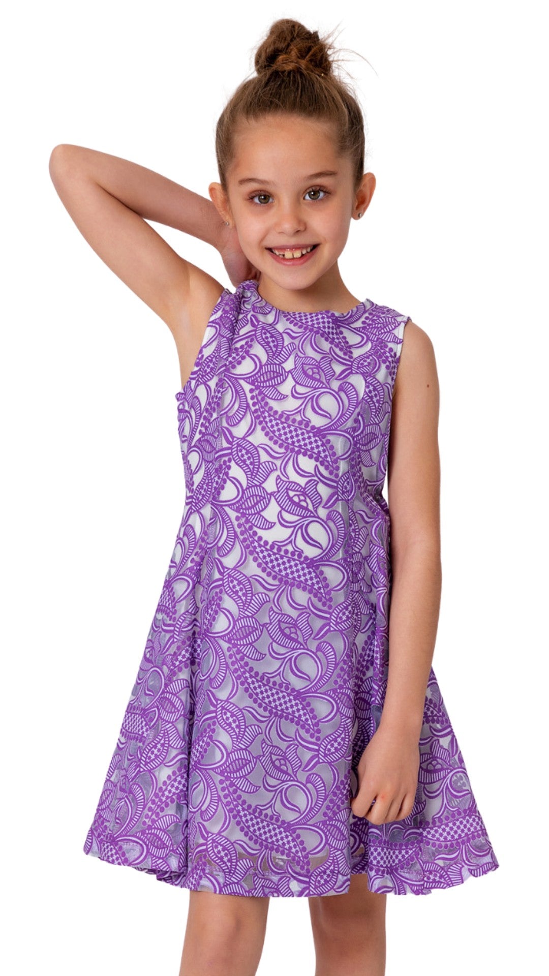 InCity Girls Tween 7-14 Years Violet White Sleeveless Round Neck Floral Lace Back Zipper Elegant Fashion Dress InCity Boys Girls
