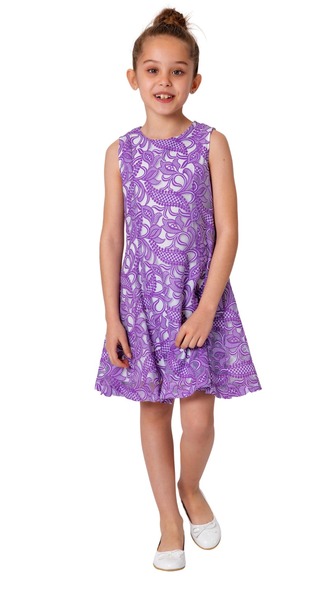 InCity Girls Tween 7-14 Years Violet White Sleeveless Round Neck Floral Lace Back Zipper Elegant Fashion Dress InCity Boys Girls