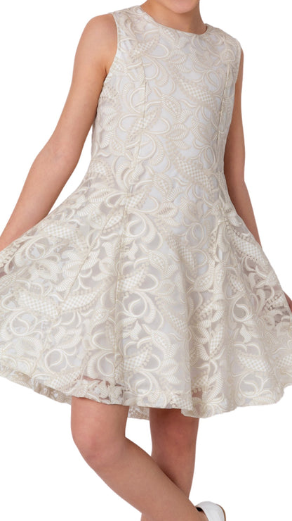 InCity Girls Tween 7-14 Years Violet White Sleeveless Round Neck Floral Lace Back Zipper Elegant Fashion Dress InCity Boys Girls