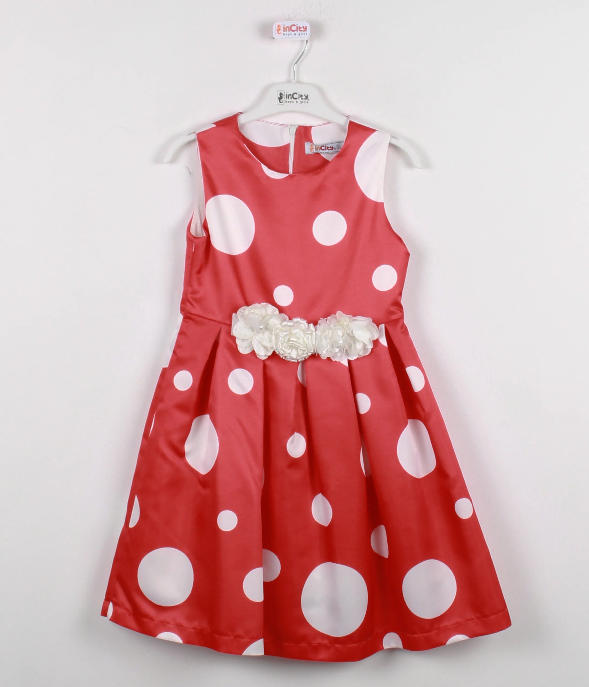 InCity Kids Girls Polka Dot Sleeveless Pleated Floral Belt Fashion Dress InCity Boys & Girls